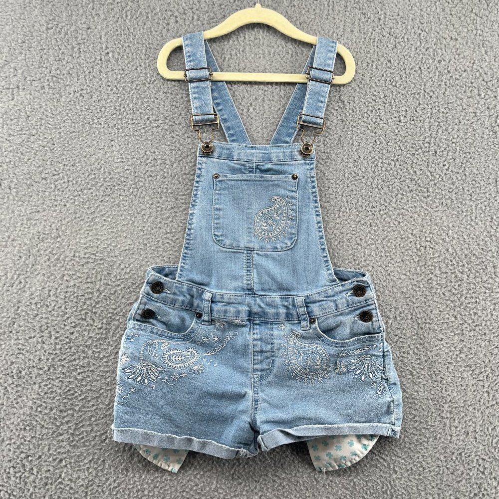 Lucky Brand Kids Paisley Embroidered Denim Short Overalls Girls Shortalls 10
